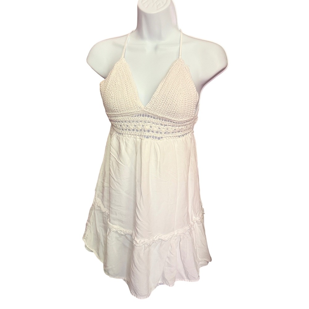 Rue21 Womens XS White Crochet Bodice Mini Dress Boho Festival Summer Ruffle Hem - Picture 2 of 14